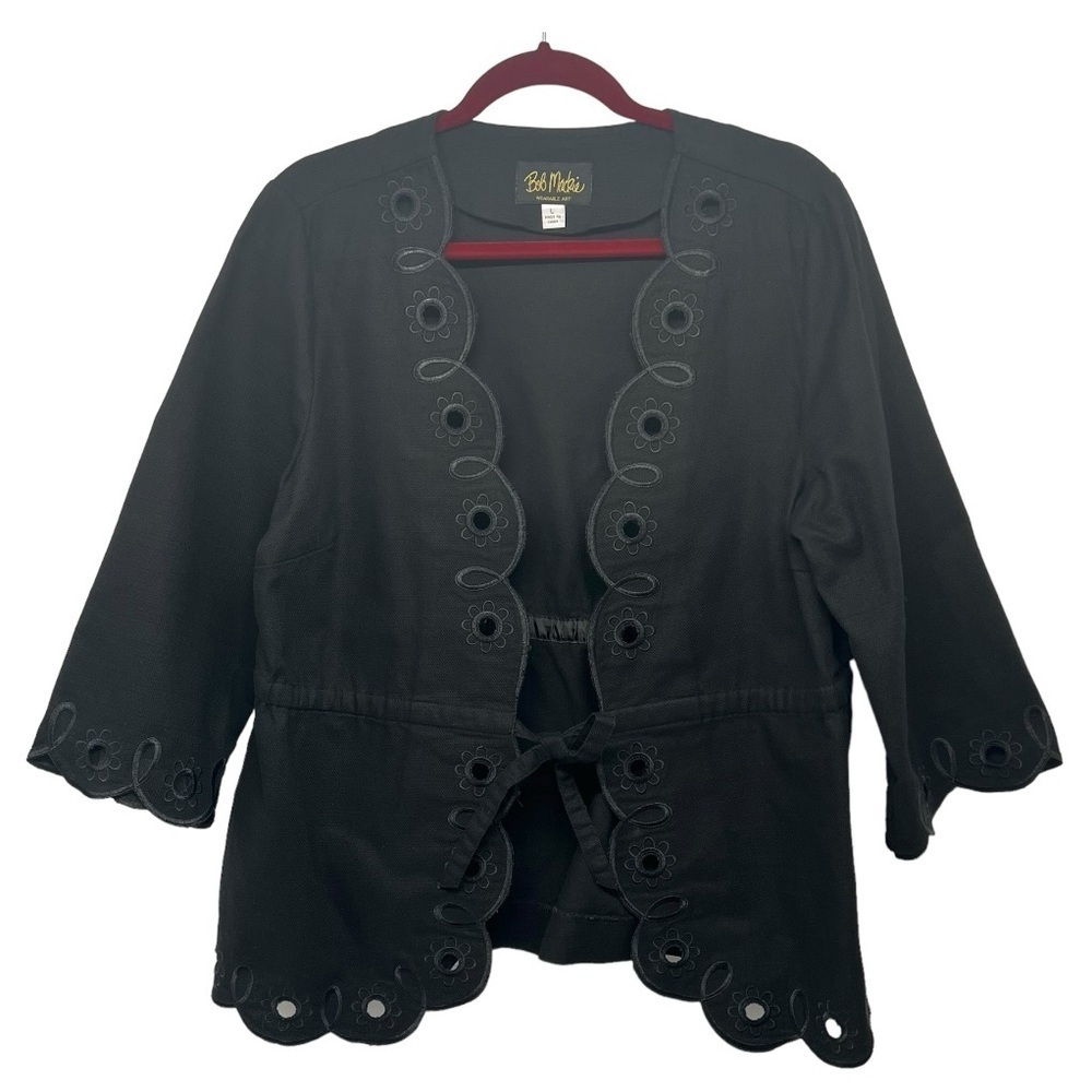 Bob Mackie Art To Wear Black Cotton Floral Eyelet Tie Waist Jacket Womens Large - Picture 8 of 11